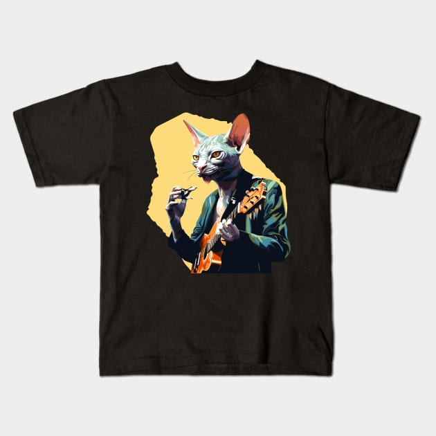 Sphynx Cat Playing Guitar Kids T-Shirt by Graceful Designs